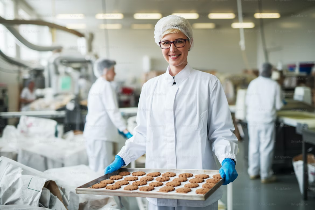 Lady in protective clothing like gloves and head cap holding a tray of cookies.