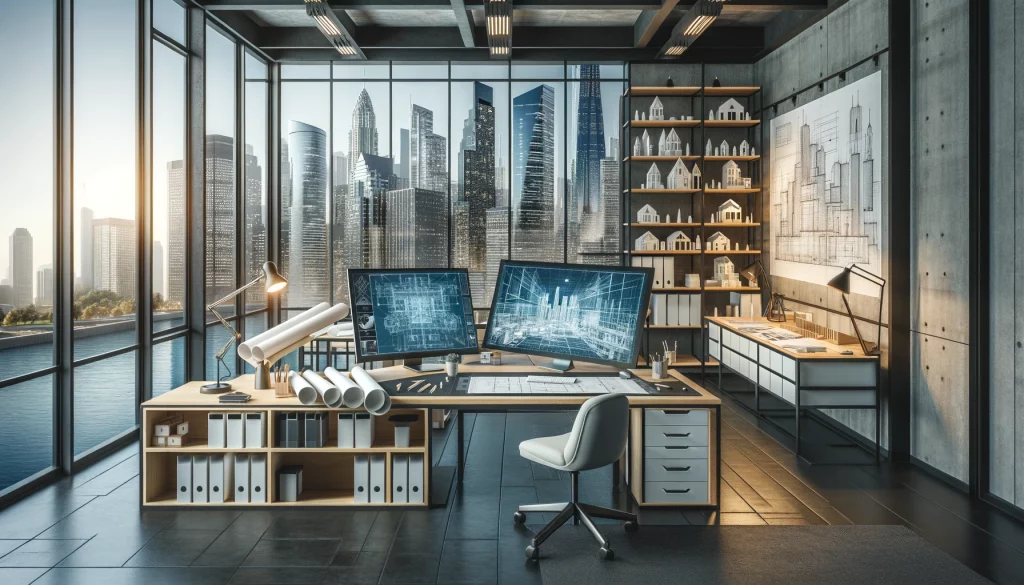 DALL·E 2024 03 01 17.09.55 An Innovative Architecture Office Environment Reflecting The Latest Trends In Architectural Design. The Scene Should Include A Drafting Table With Bl 1024x585.webp