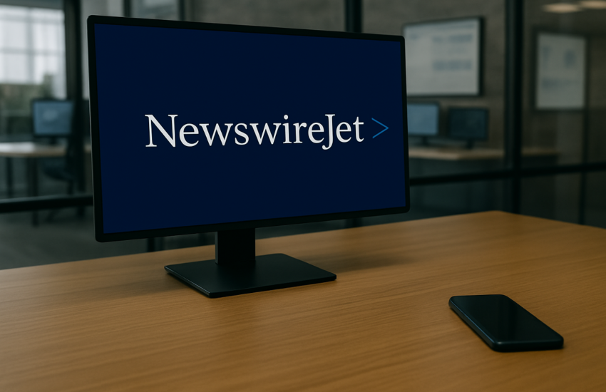 Computer monitor displaying a NewswireJet sample press release, with stacks of newspapers labeled Business News, Domestic News, and Market Risks on a desk, along with a smartphone.
