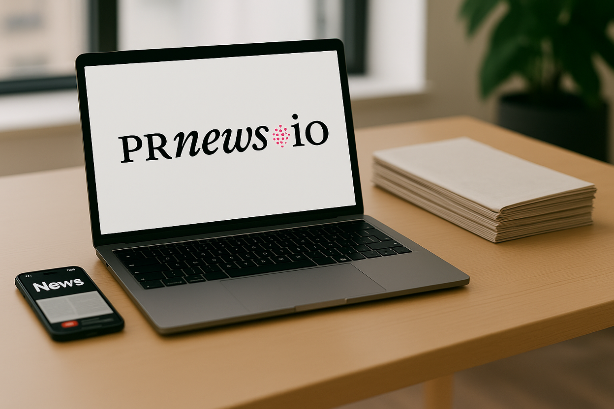 Laptop on a desk displaying PRNEWS.IO with a phone and a stack of papers next to it
