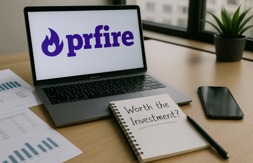 Laptop on a desk displaying the PR Fire logo, with nearby documents, a smartphone, and a notebook.