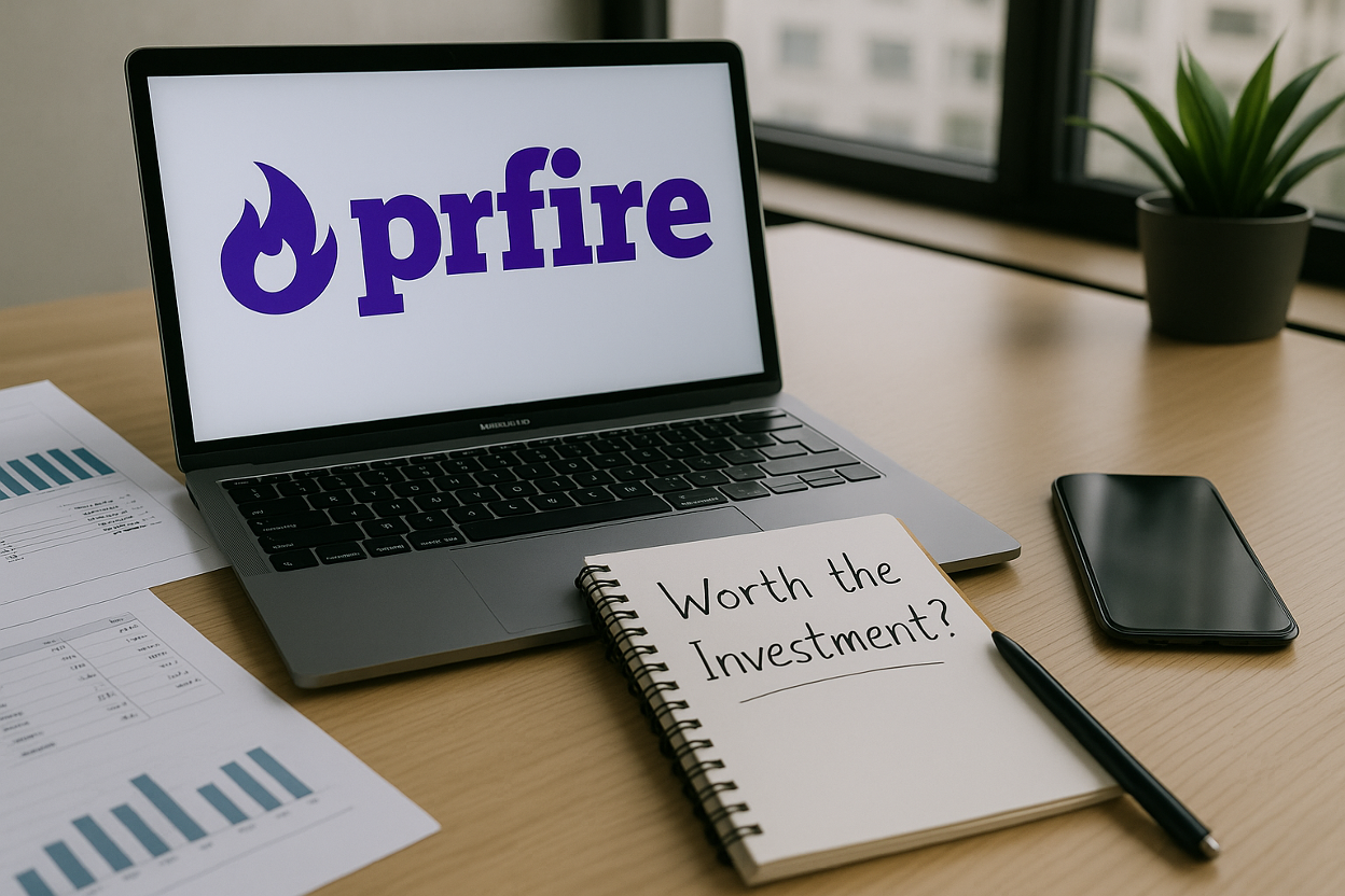 Laptop on a desk displaying the PR Fire logo, with nearby documents, a smartphone, and a notebook.