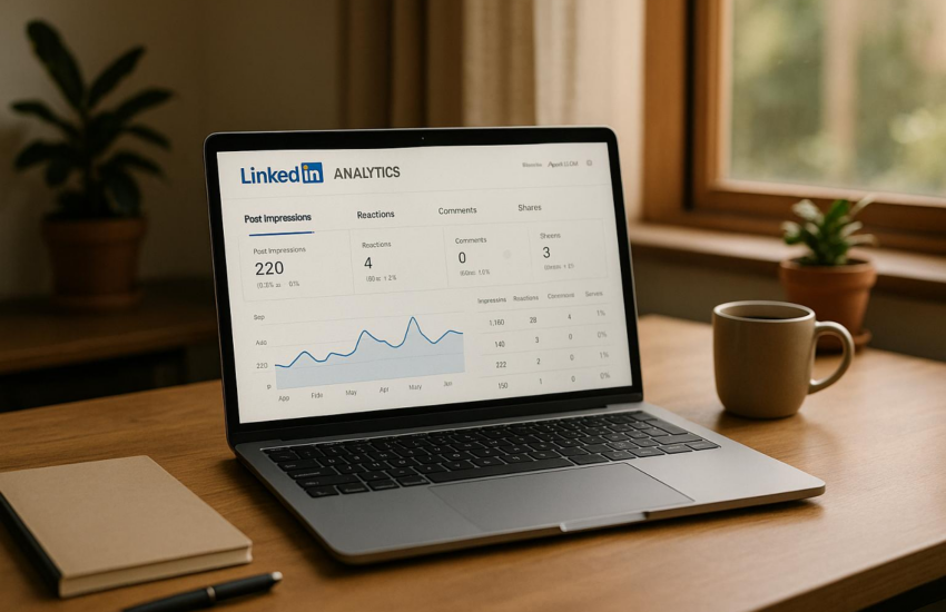 Laptop displaying LinkedIn Analytics dashboard with post impressions graph on a wooden desk with a coffee mug and noteboo