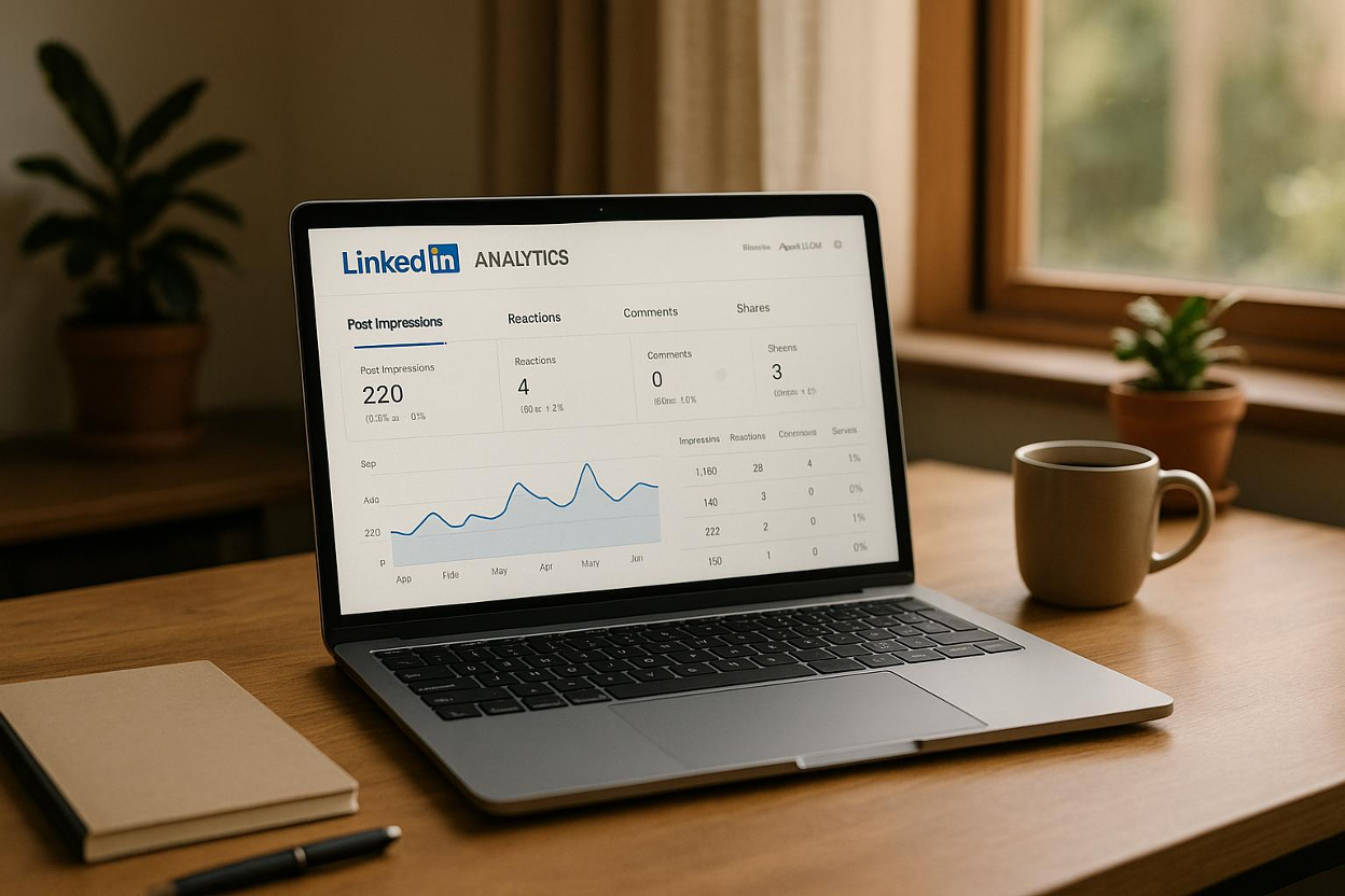 Laptop displaying LinkedIn Analytics dashboard with post impressions graph on a wooden desk with a coffee mug and noteboo