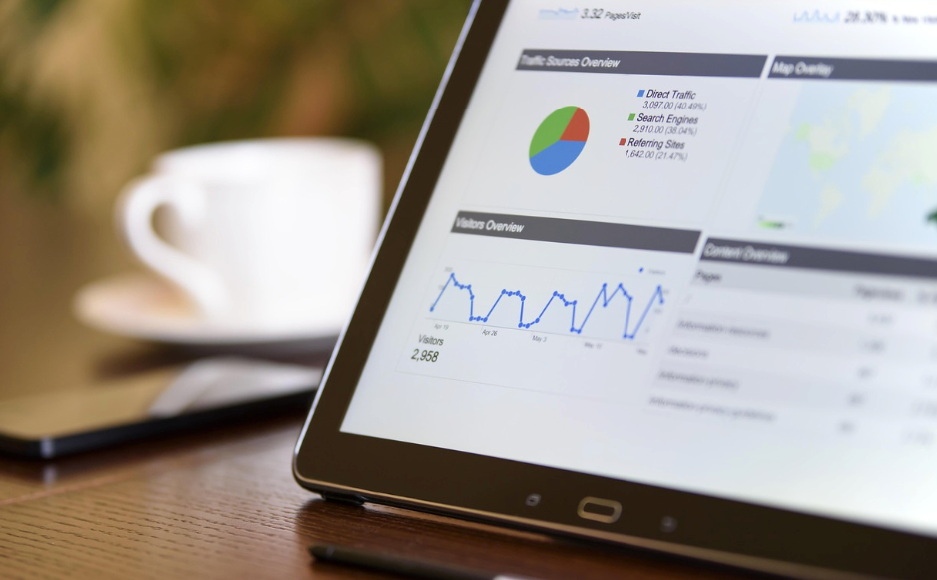 Tablet displaying marketing performance dashboard with brand and content metrics.