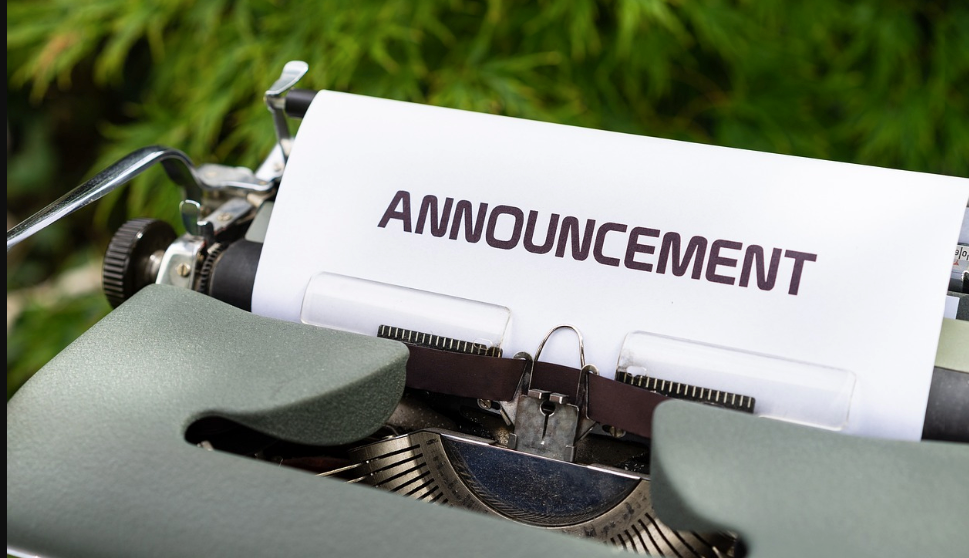 A piece of paper with the word ‘announcement’ on it.