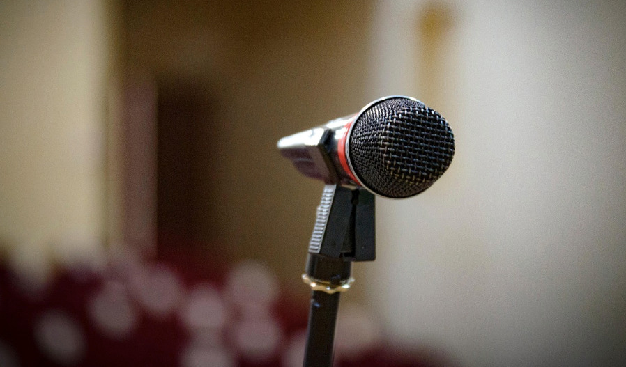 A microphone on a stand.