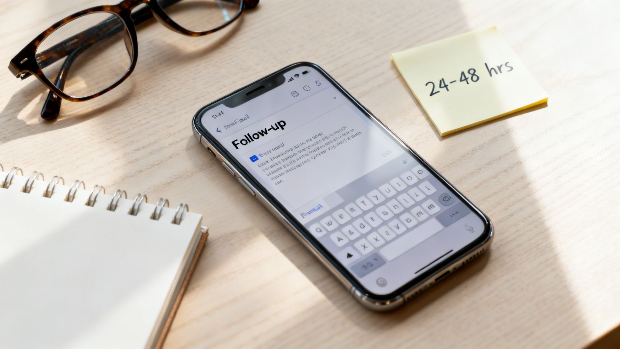 A smartphone displaying a 'Follow-up' email, glasses, notebook, and '24-48 hrs' sticky note on a desk.