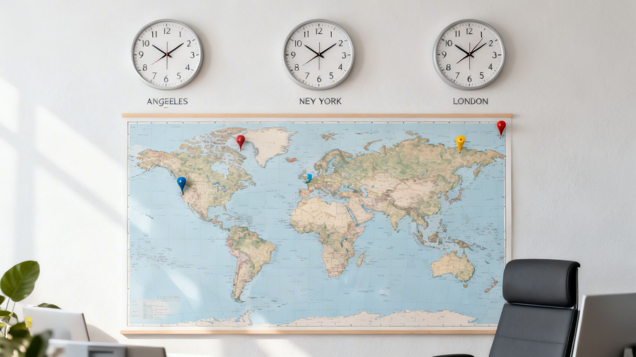 Three time zone clocks, labeled Los Angeles, New York, and London, above a world map with colorful pushpins in an office setting.