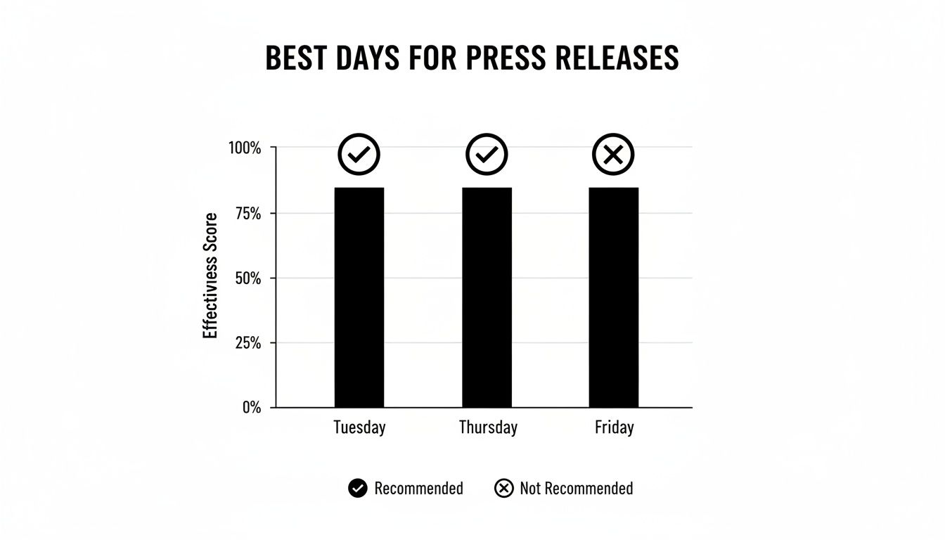 Bar chart showing best days for press releases: Tuesday and Thursday are recommended with 83% effectiveness, Friday is not.
