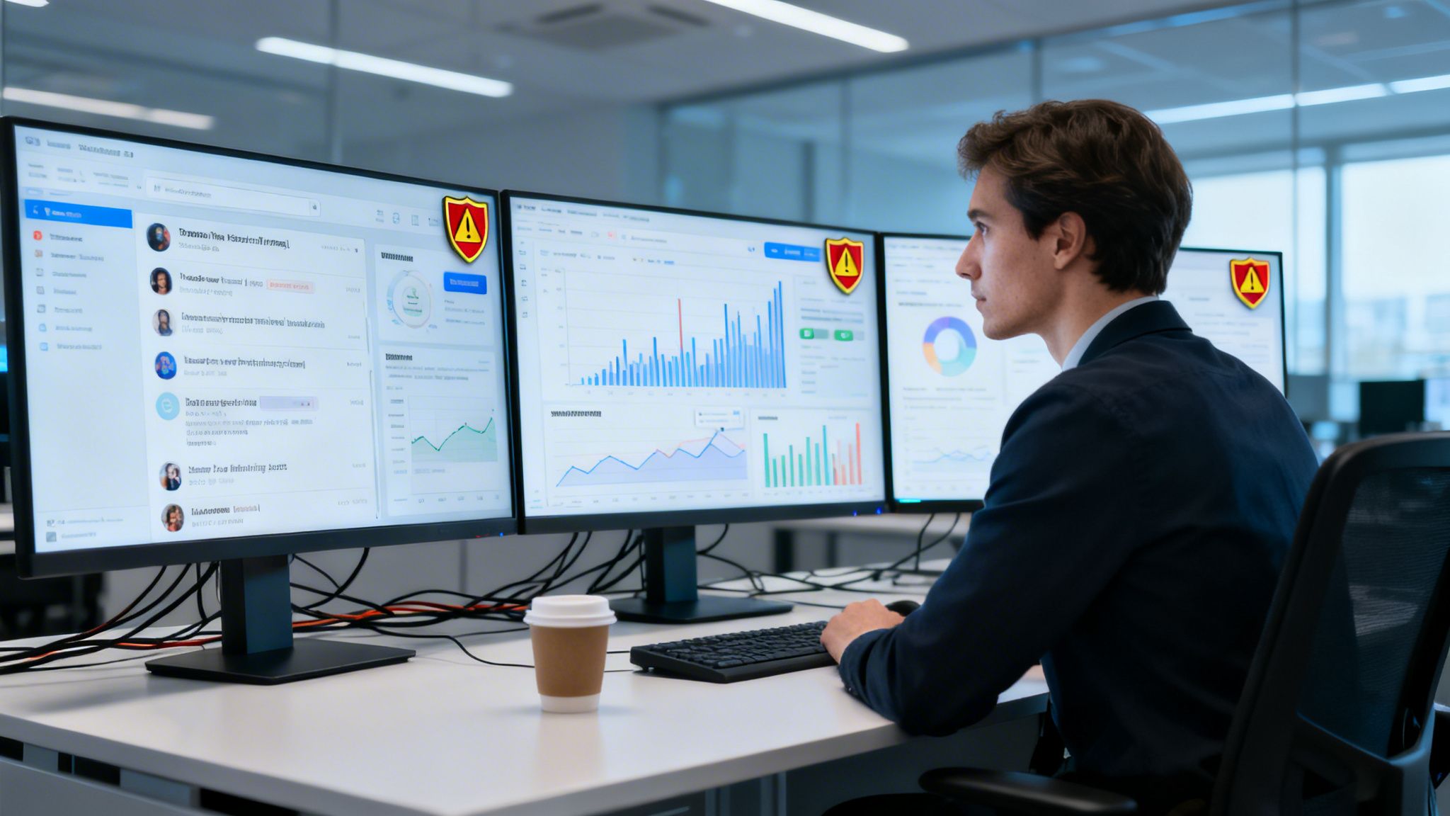 A man intensely monitoring three computer screens displaying data dashboards in an office.
