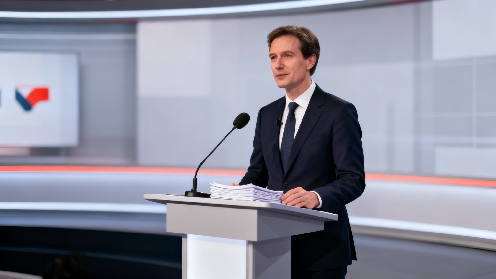A professional man in a dark suit stands at a podium, speaking into a microphone during a broadcast.