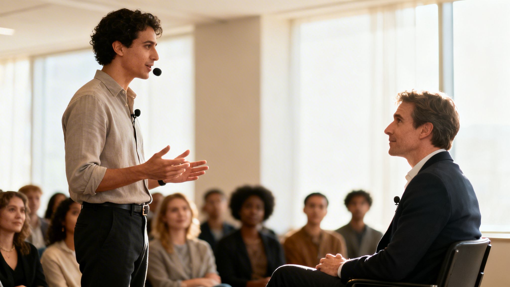 A young man with a microphone speaks and gestures, addressing an interviewer and an audience.