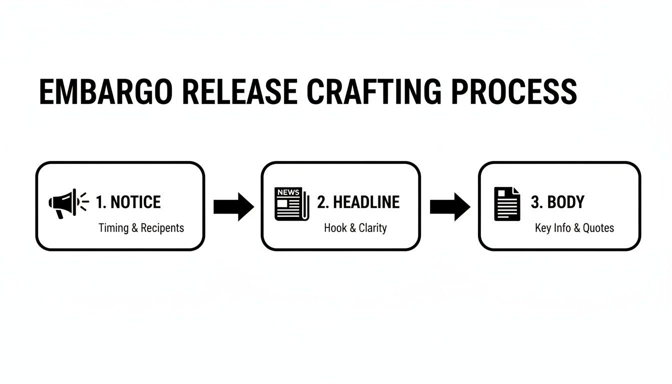 Flowchart illustrating the three steps of an embargo release crafting process: Notice, Headline, and Body.