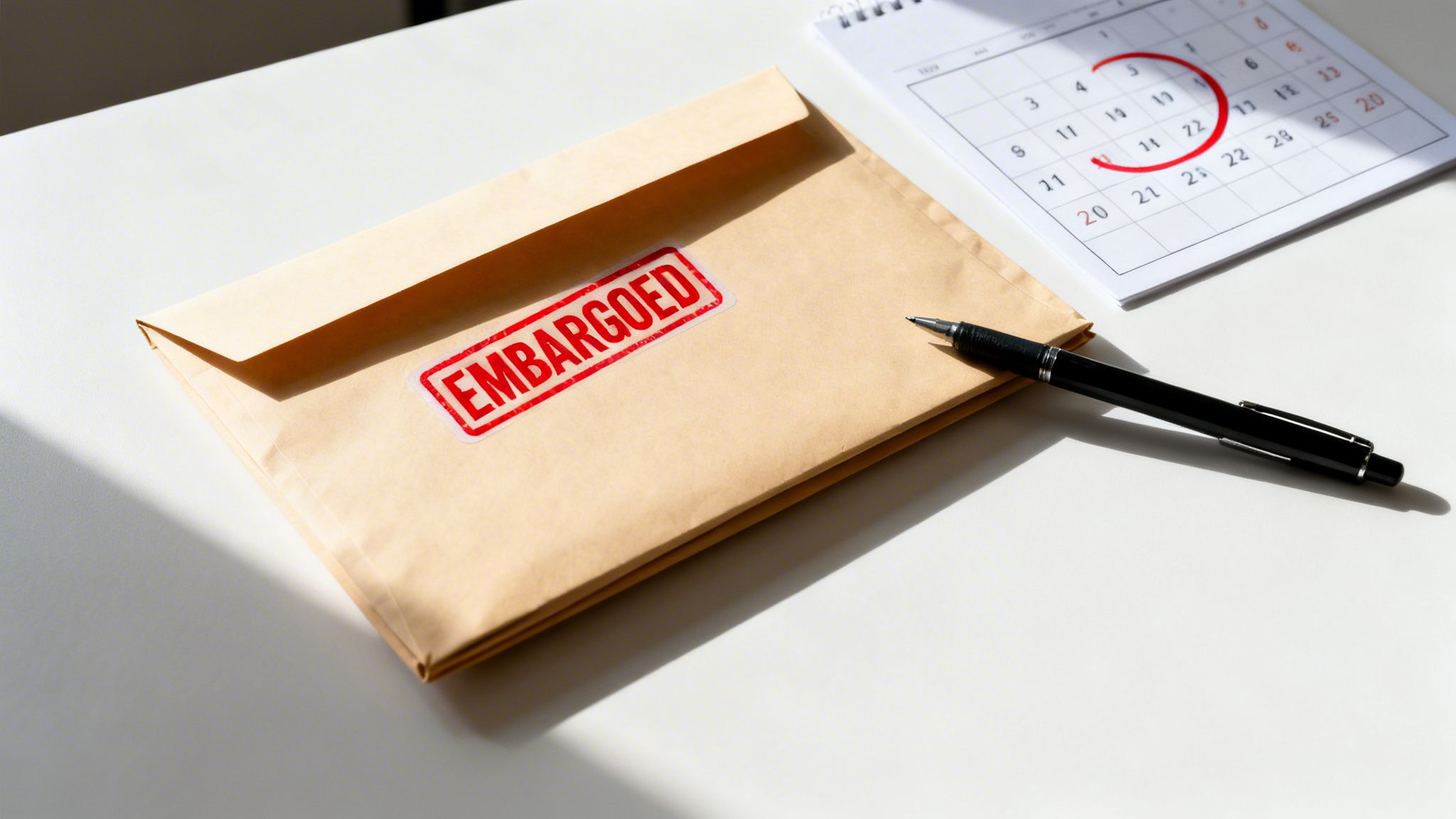 Manila envelope with 'EMBARGOED' stamp, a pen, and a calendar with the 18th circled on a white desk.