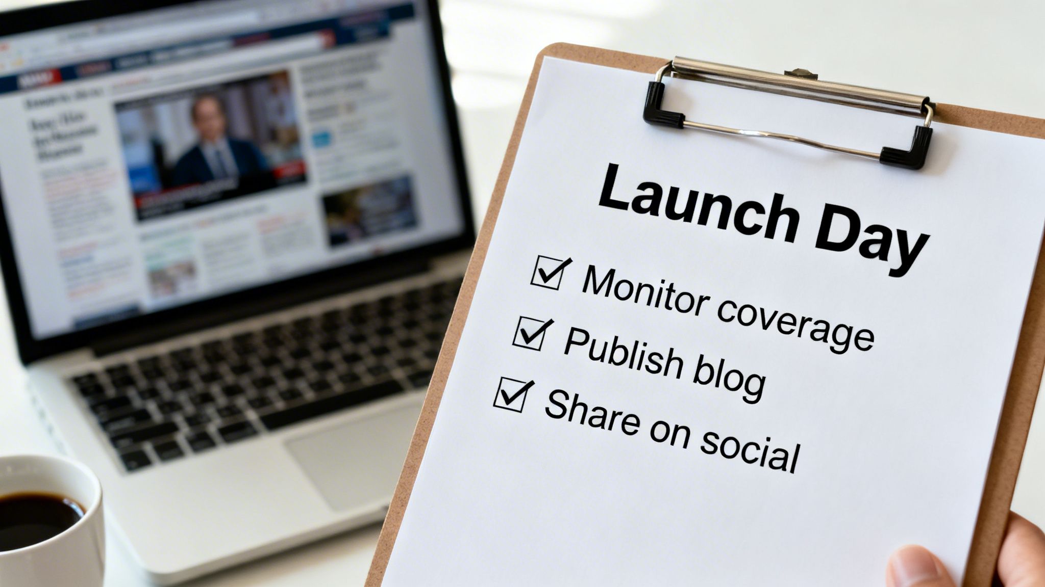 A person holds a 'Launch Day' checklist with tasks like 'Monitor coverage' and 'Publish blog' checked, next to a laptop displaying news.