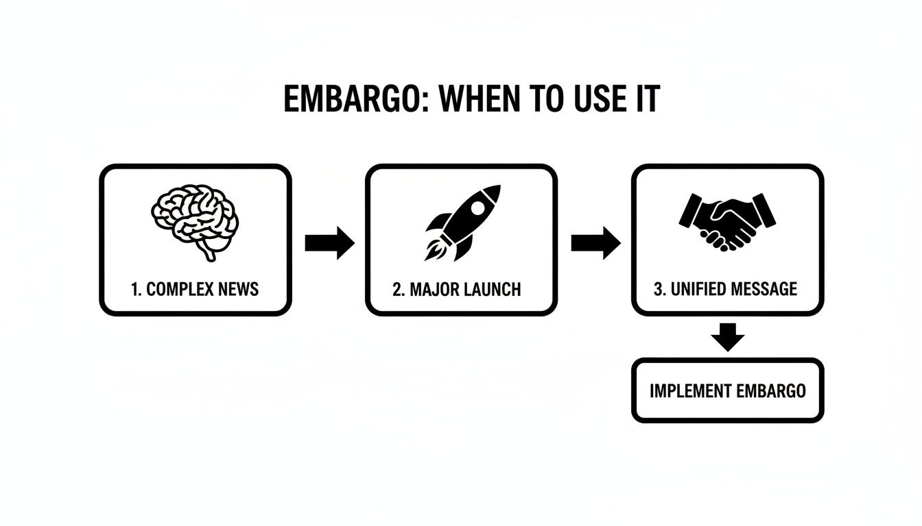 A flowchart titled 'EMBARGO: WHEN TO USE IT' lists complex news, major launch, and unified message leading to implement embargo.