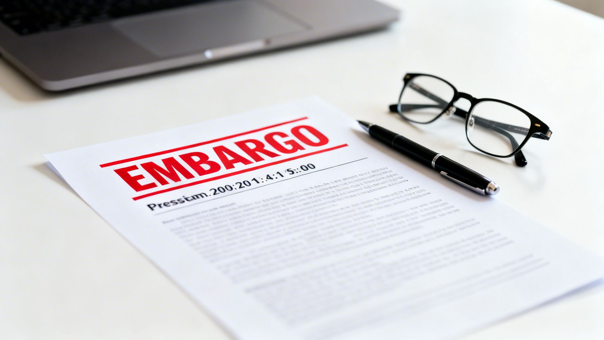 A document marked 'EMBARGO' in red, with a pen, glasses, and a laptop on a white desk.