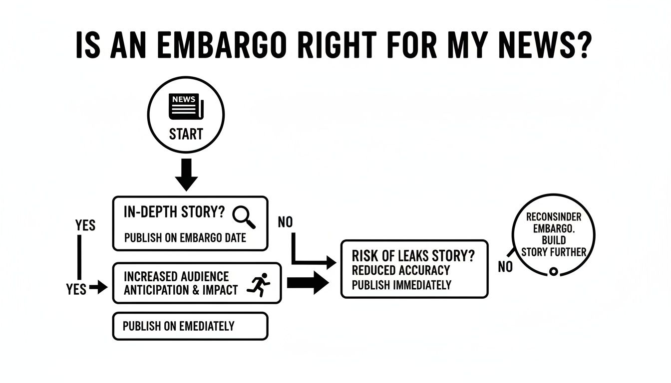 Flowchart guiding the decision on whether an embargo is right for news, considering story depth and leak risk.