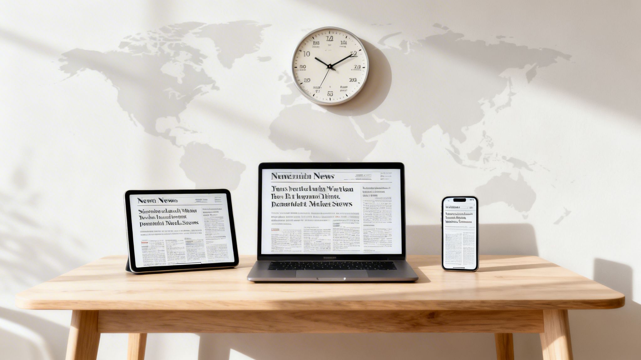 A neat wooden desk with digital devices displaying news, a wall clock, and a world map.