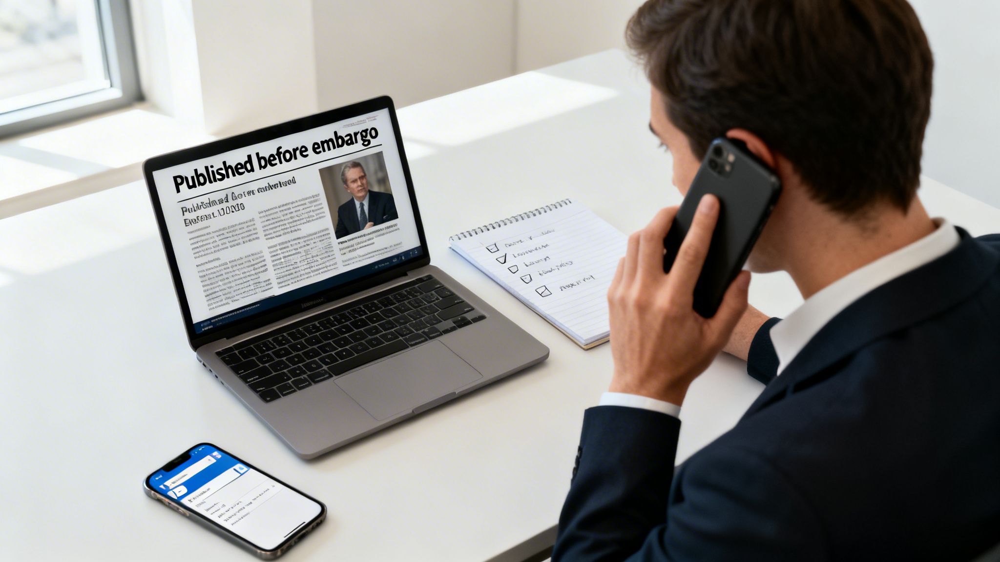 A man on the phone at a desk, looking at a laptop displaying a 'Published before embargo' article, with a notepad nearby.
