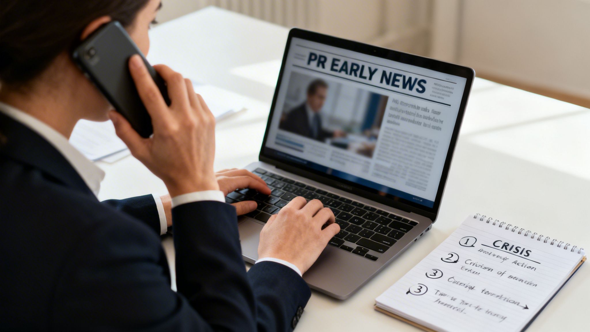 A person on the phone and laptop, viewing PR early news during a crisis.