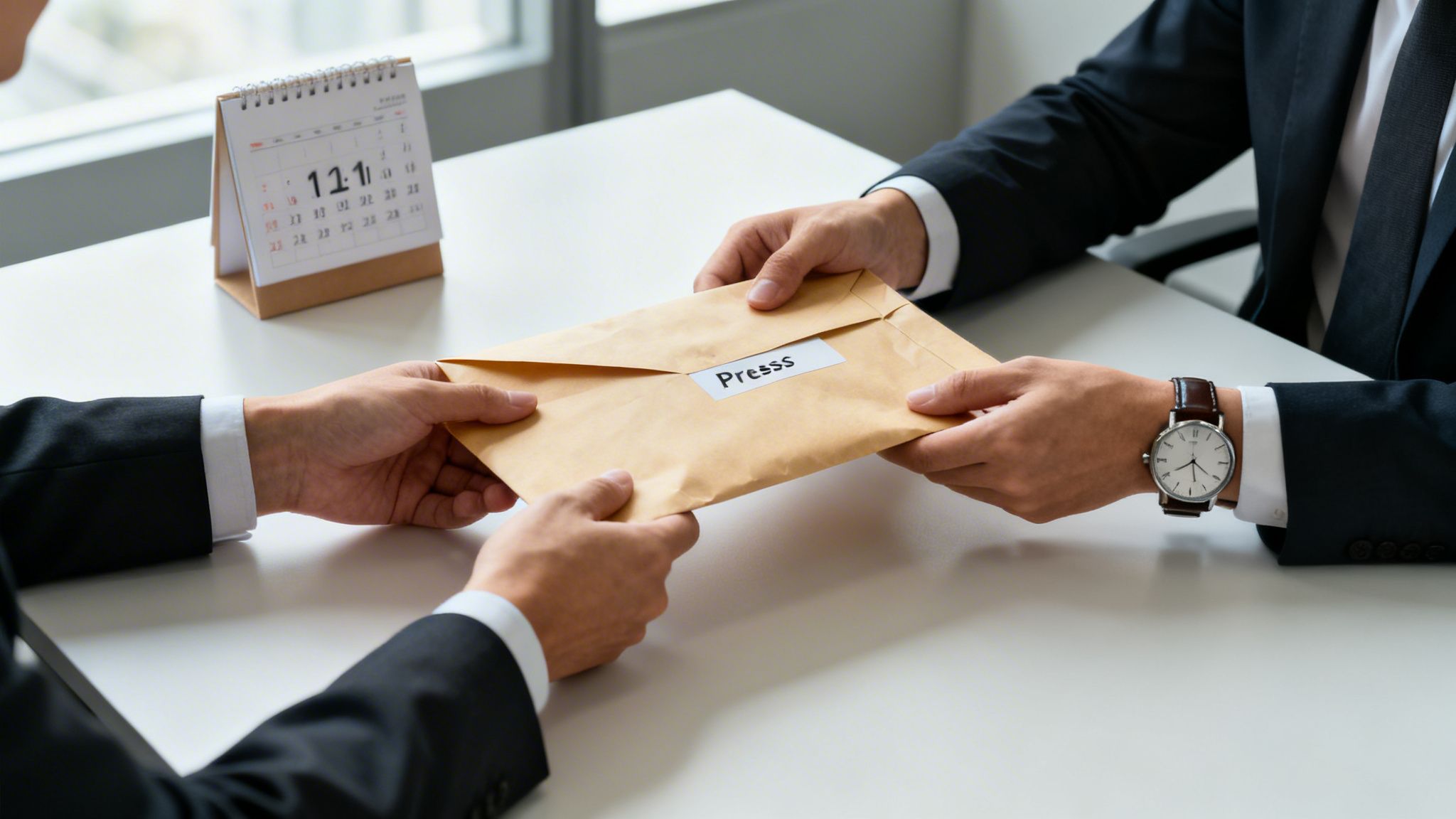 Two business people in suits exchanging a brown envelope labeled 'Presss' across a white desk.