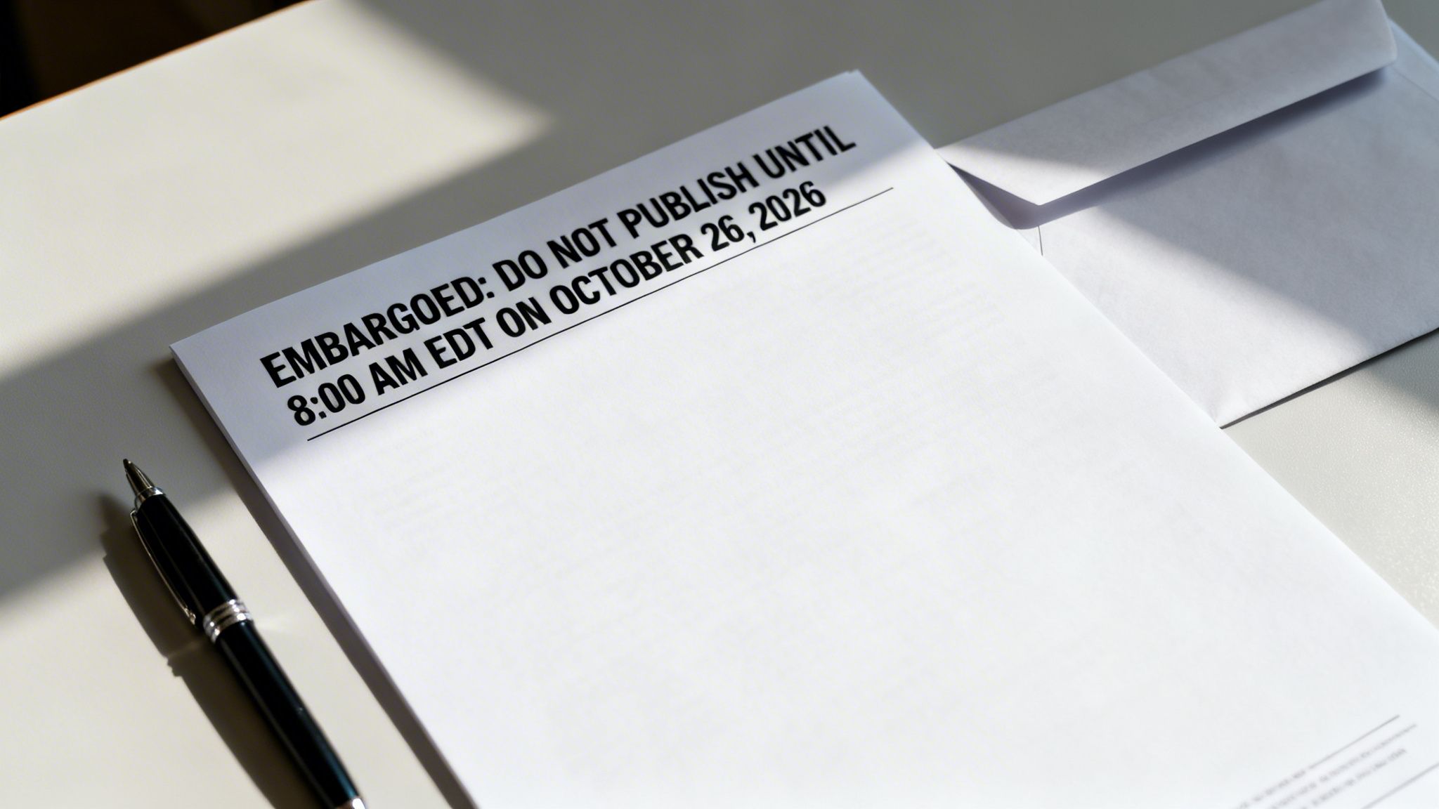 Close-up of a document marked 'EMBARGOED' with a future publication date, a pen, and an envelope.