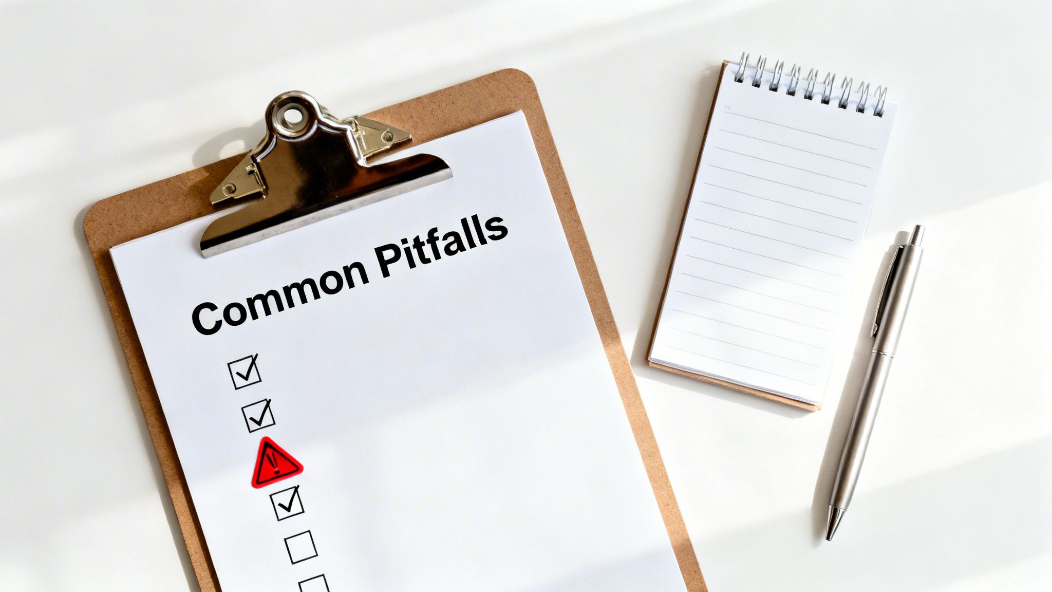 A clipboard with a checklist titled 'Common Pitfalls', featuring checked boxes and a warning sign.