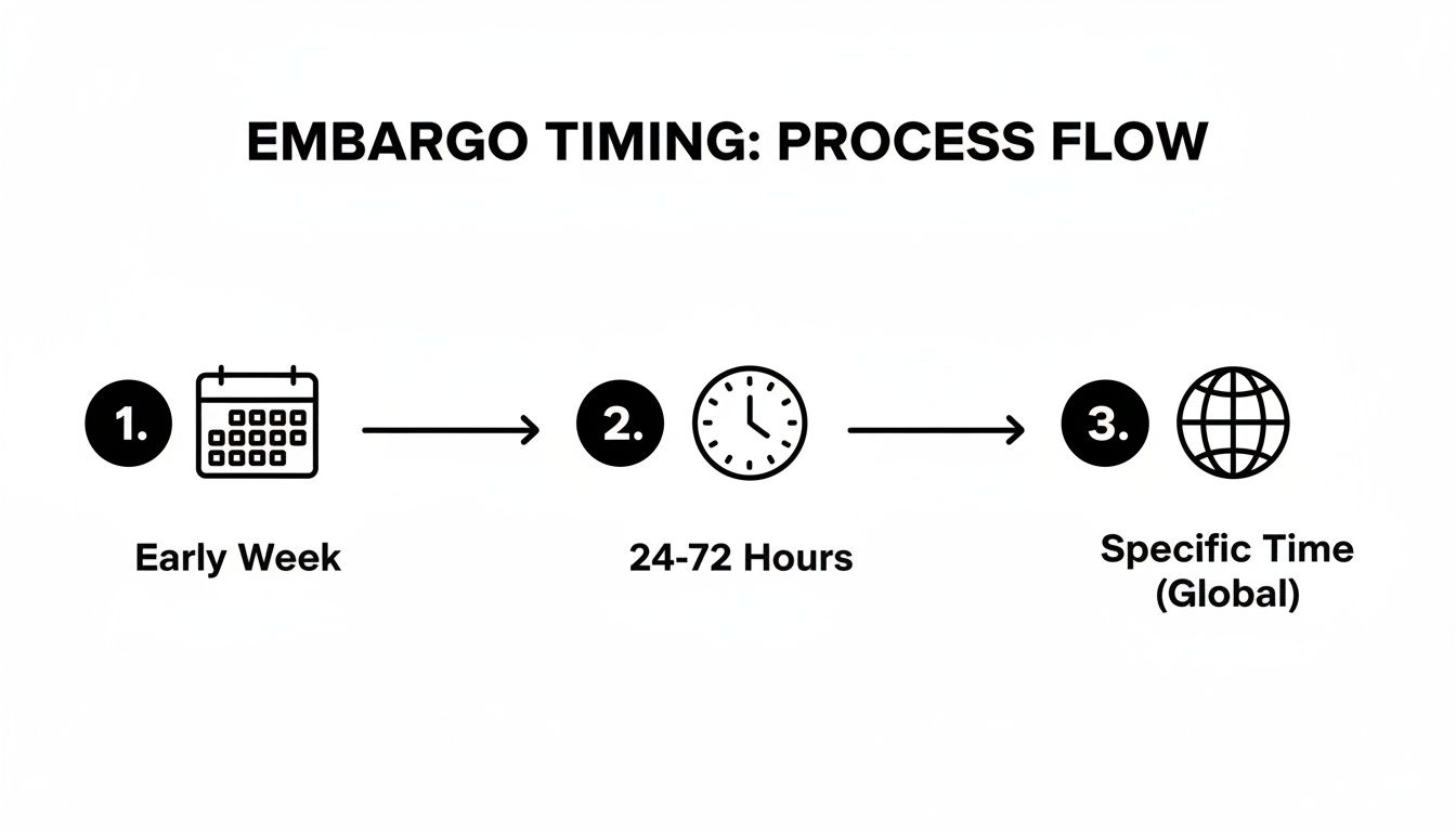 A three-step process flow diagram illustrating embargo timing from early week to global specific time.