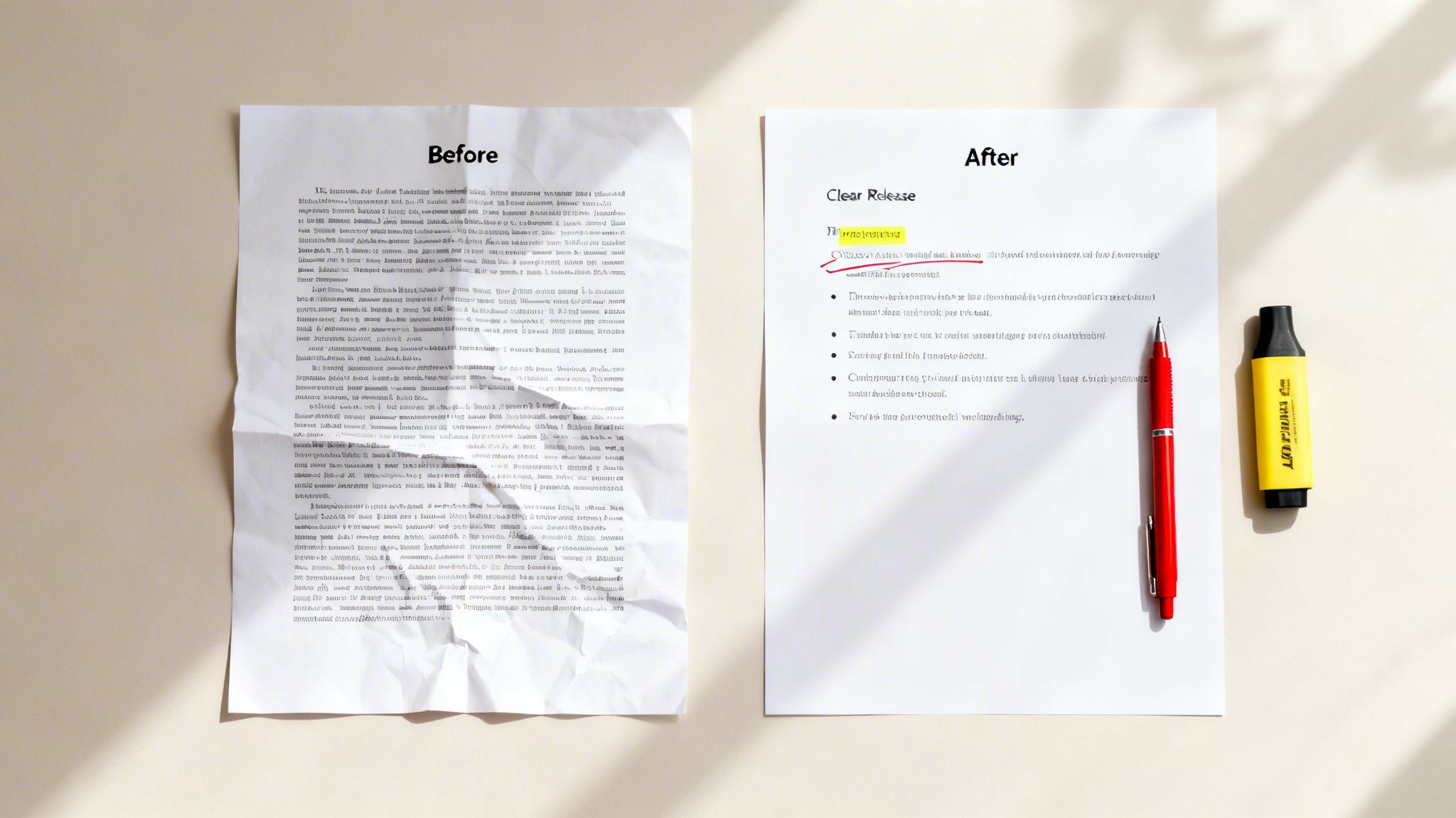 A visual comparison of a crumpled, illegible document before and a clear, concise press release after editing.