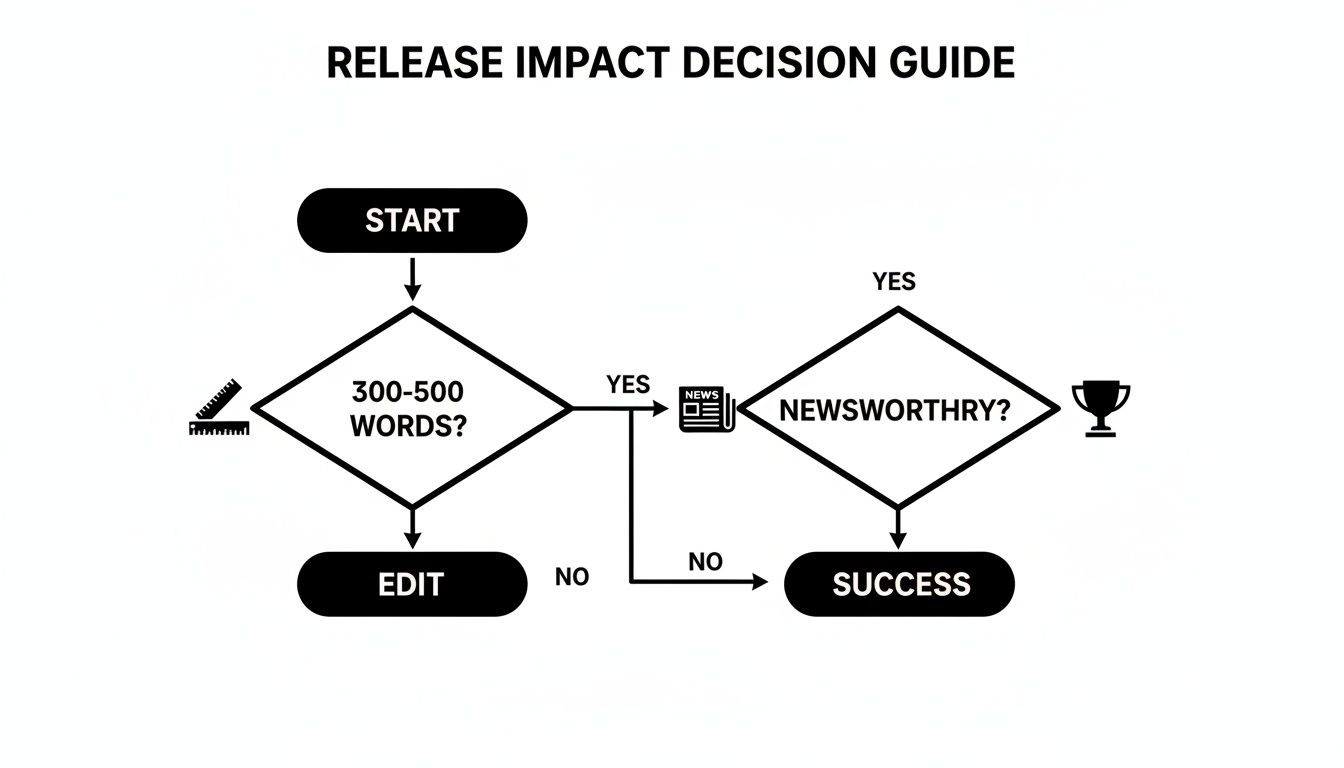 Flowchart guiding press release impact decisions based on word count (300-500) and newsworthiness.