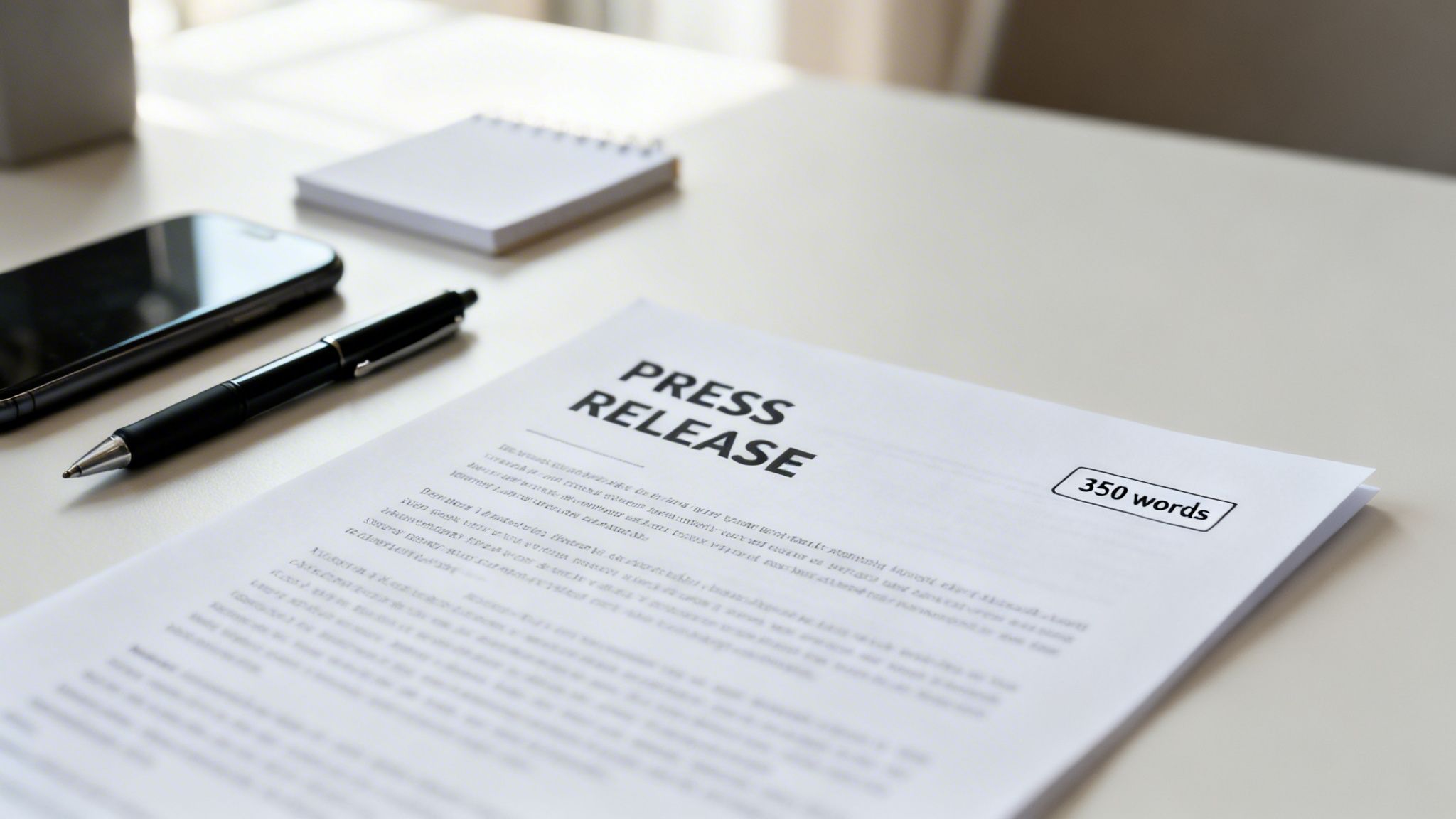 A press release document with '350 words' indicated, a pen, a smartphone, and a notepad on a white desk.