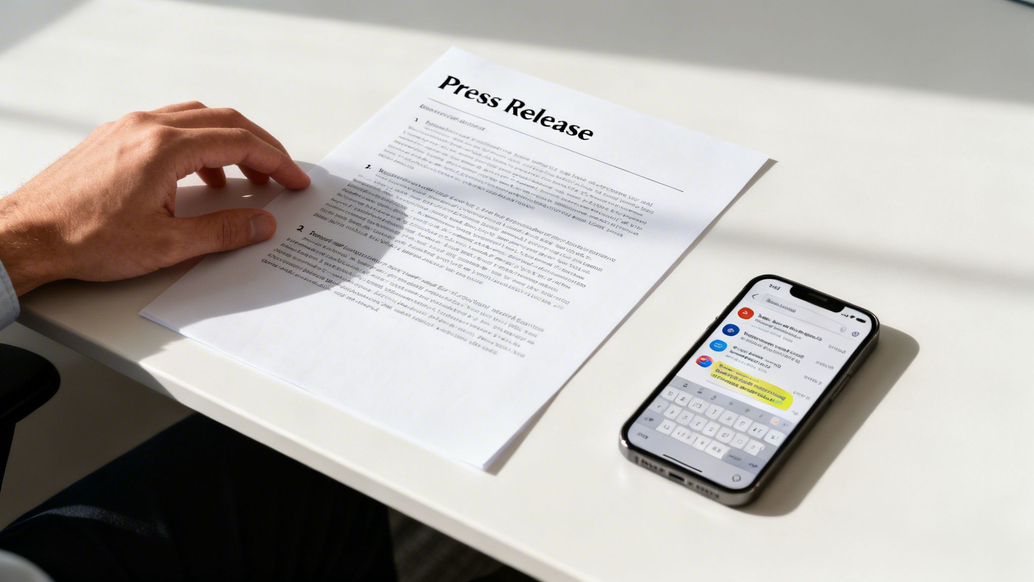A person's hand holding a 'Press Release' document next to a smartphone on a white desk.