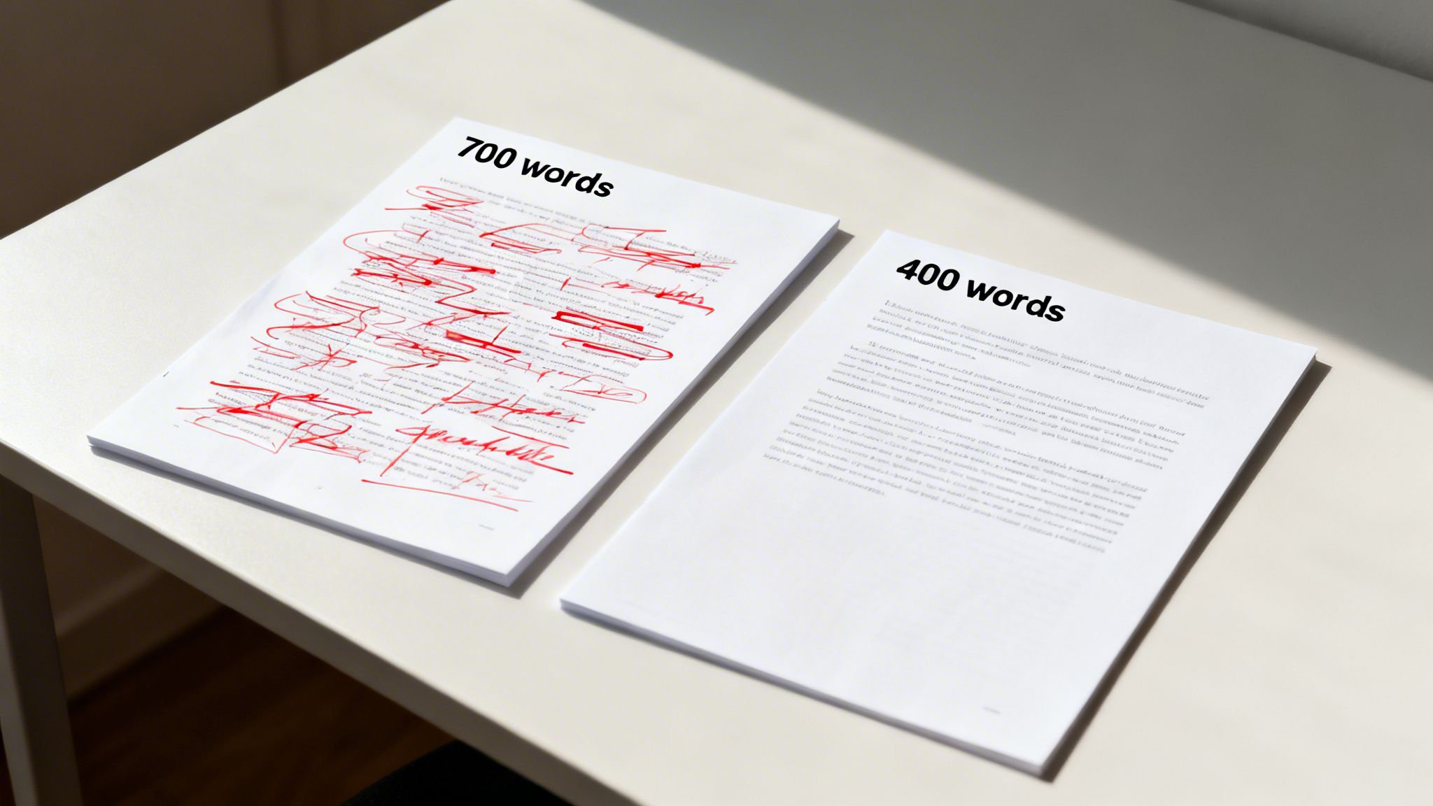 Two stacks of documents on a white desk, showing a text edited from 700 words to 400 words.