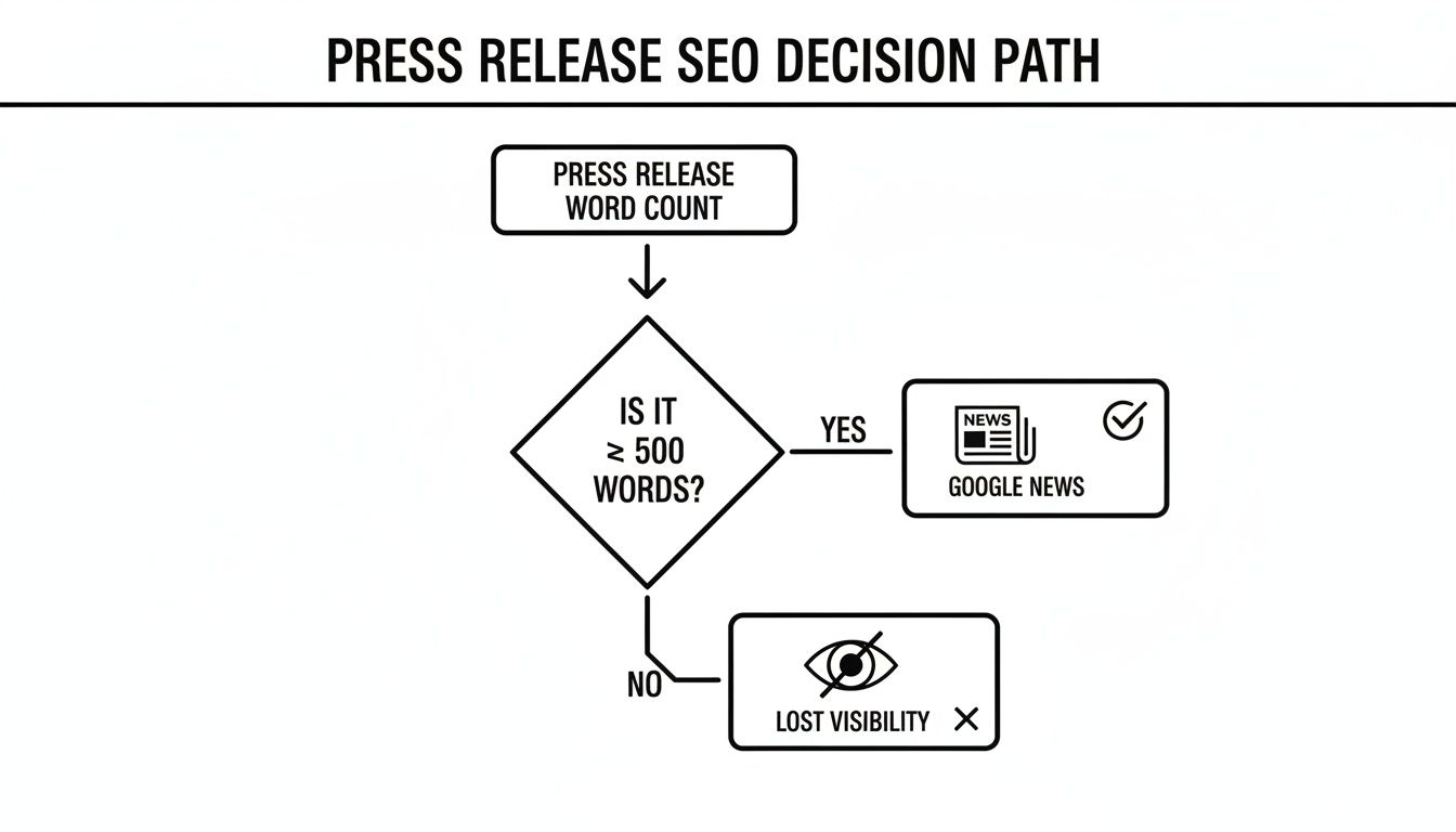 Flowchart illustrating press release SEO strategy: 500+ words for Google News, fewer means lost visibility.