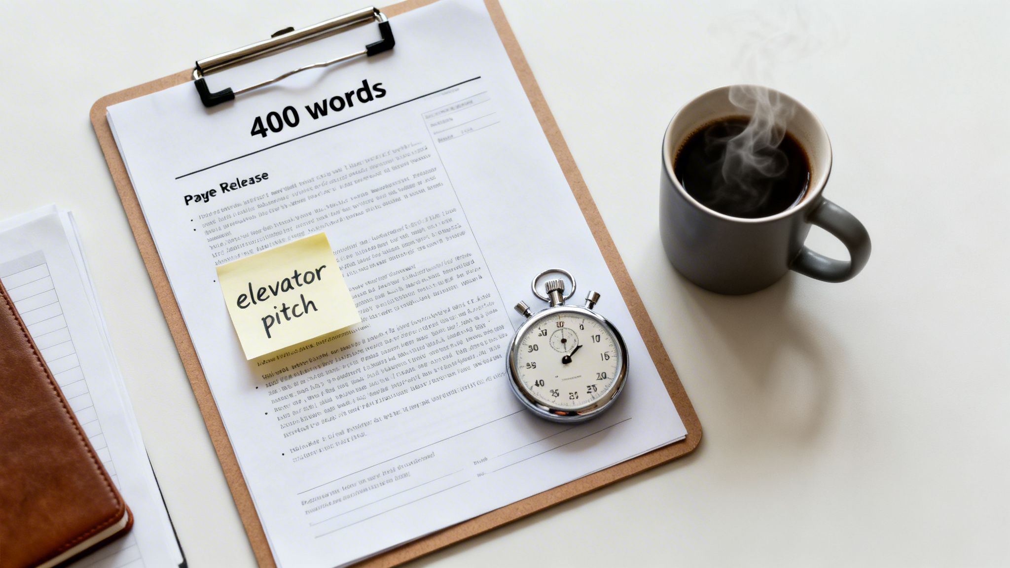 A clipboard with a document showing '400 words' and an 'elevator pitch' sticky note, next to a stopwatch and coffee mug.