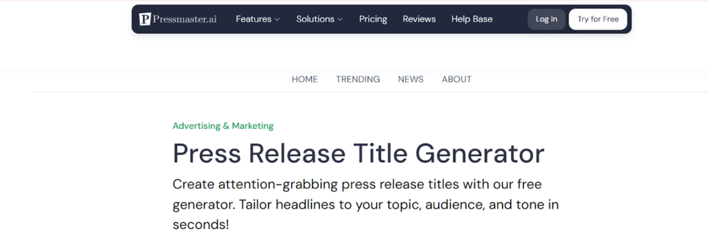 Screenshot from Pressmaster.ai's Press Release Headline Generator page.