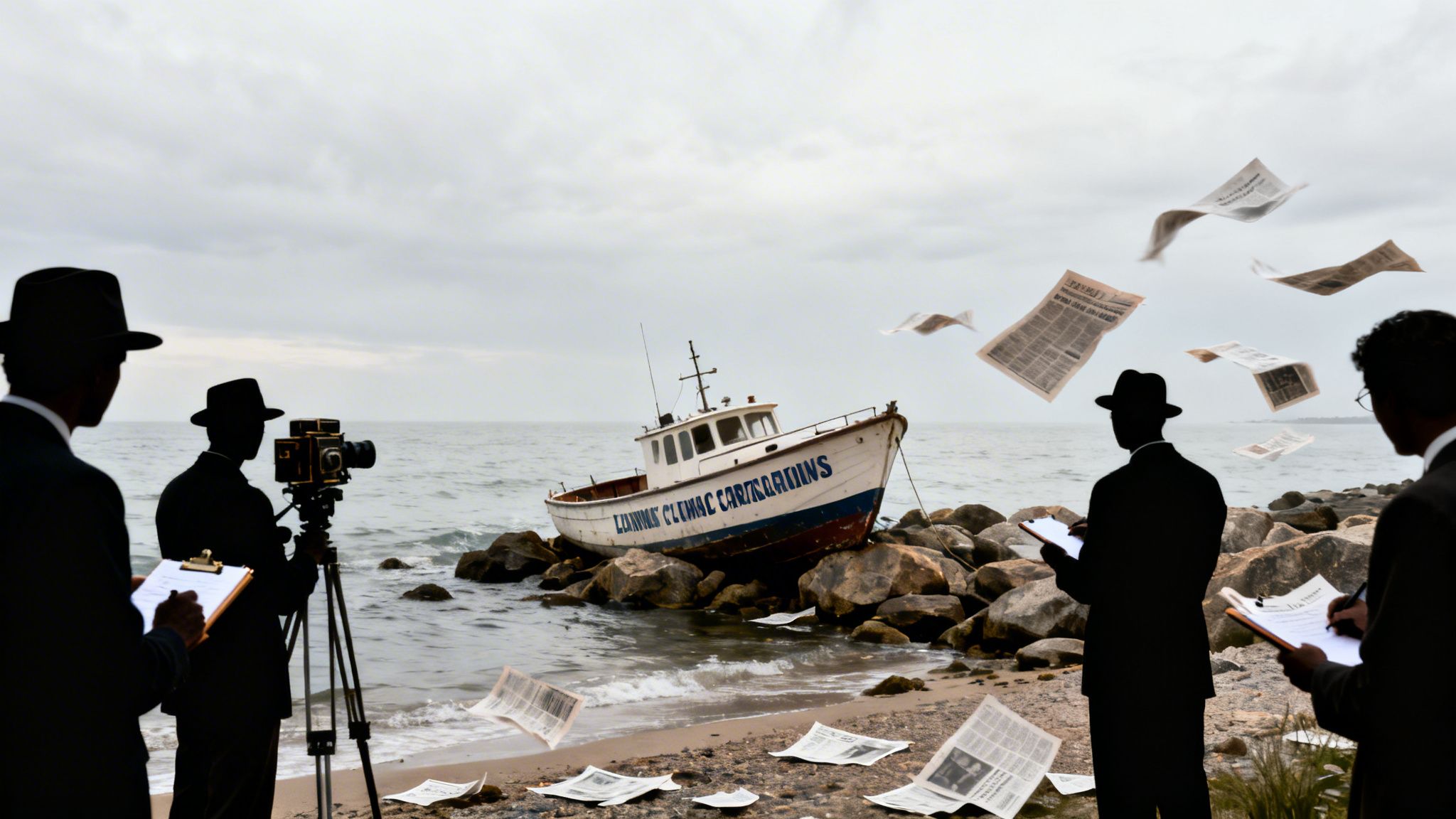 Silhouetted figures in fedoras and suits investigate a stranded fishing boat on a rocky beach with newspapers flying.