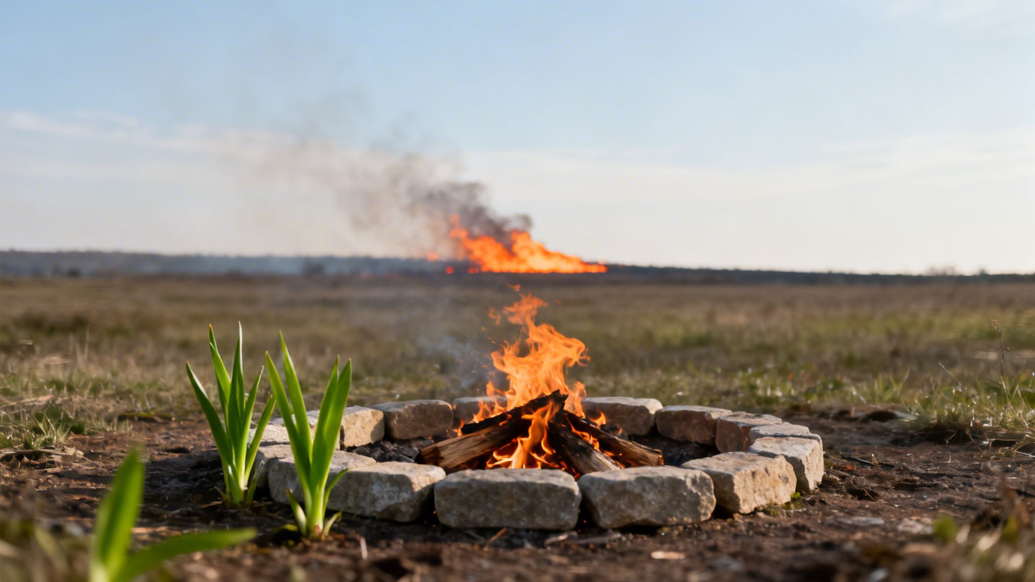 A small campfire in a stone ring in the foreground, with a large wildfire burning in the distance across a dry field.