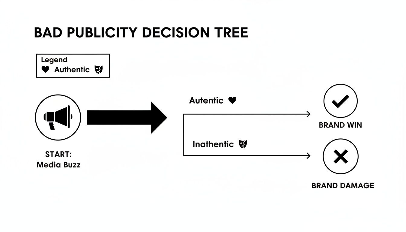 A decision tree illustrates bad publicity outcomes: media buzz can lead to brand win or damage based on authenticity.