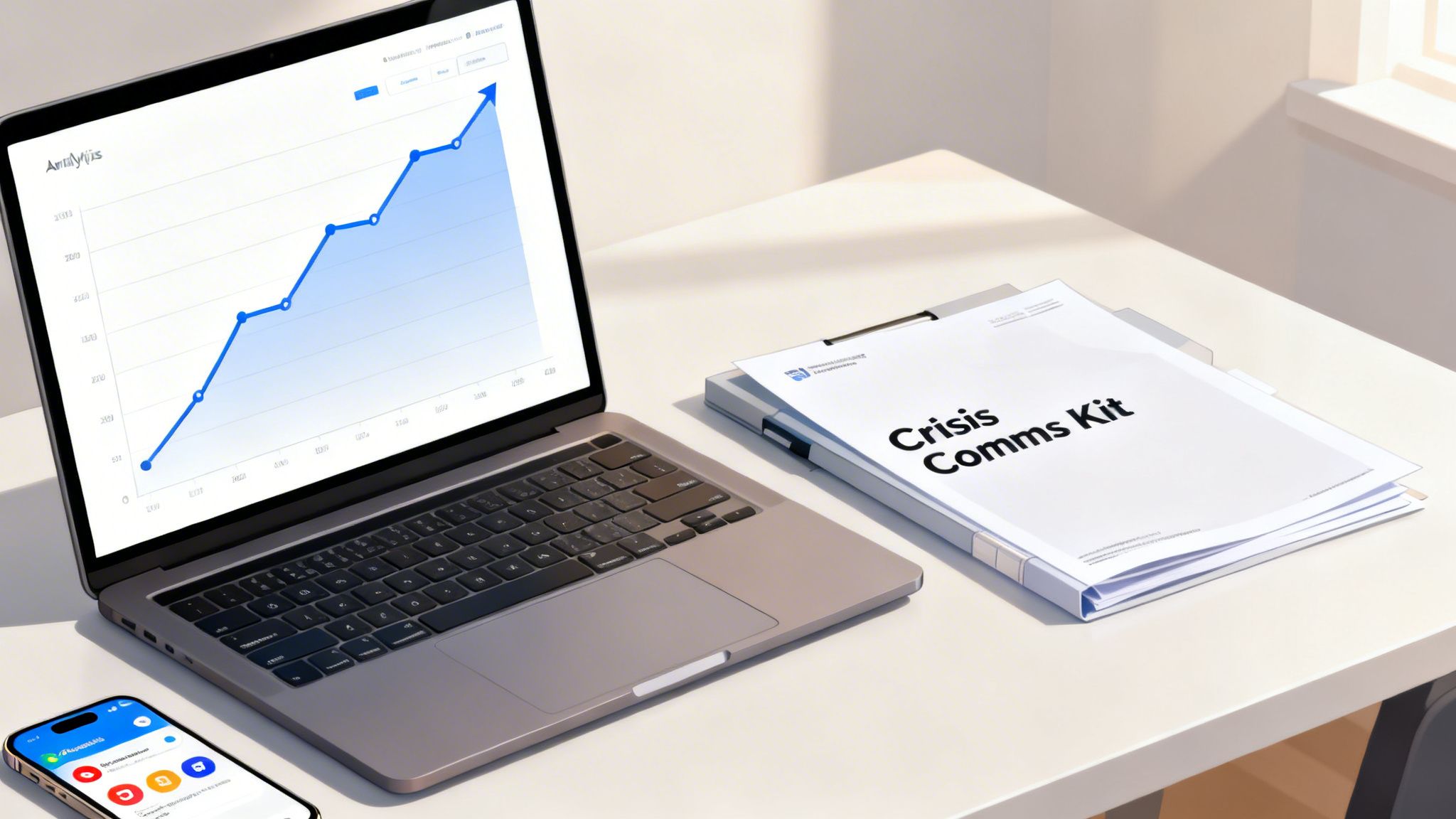 A laptop displaying an upward trend graph, a 'Crisis Comms Kit' binder, and a smartphone on a clean desk.