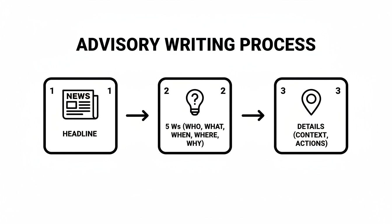 A flowchart illustrates the advisory writing process, detailing steps from headline to 5 Ws and contextual details.
