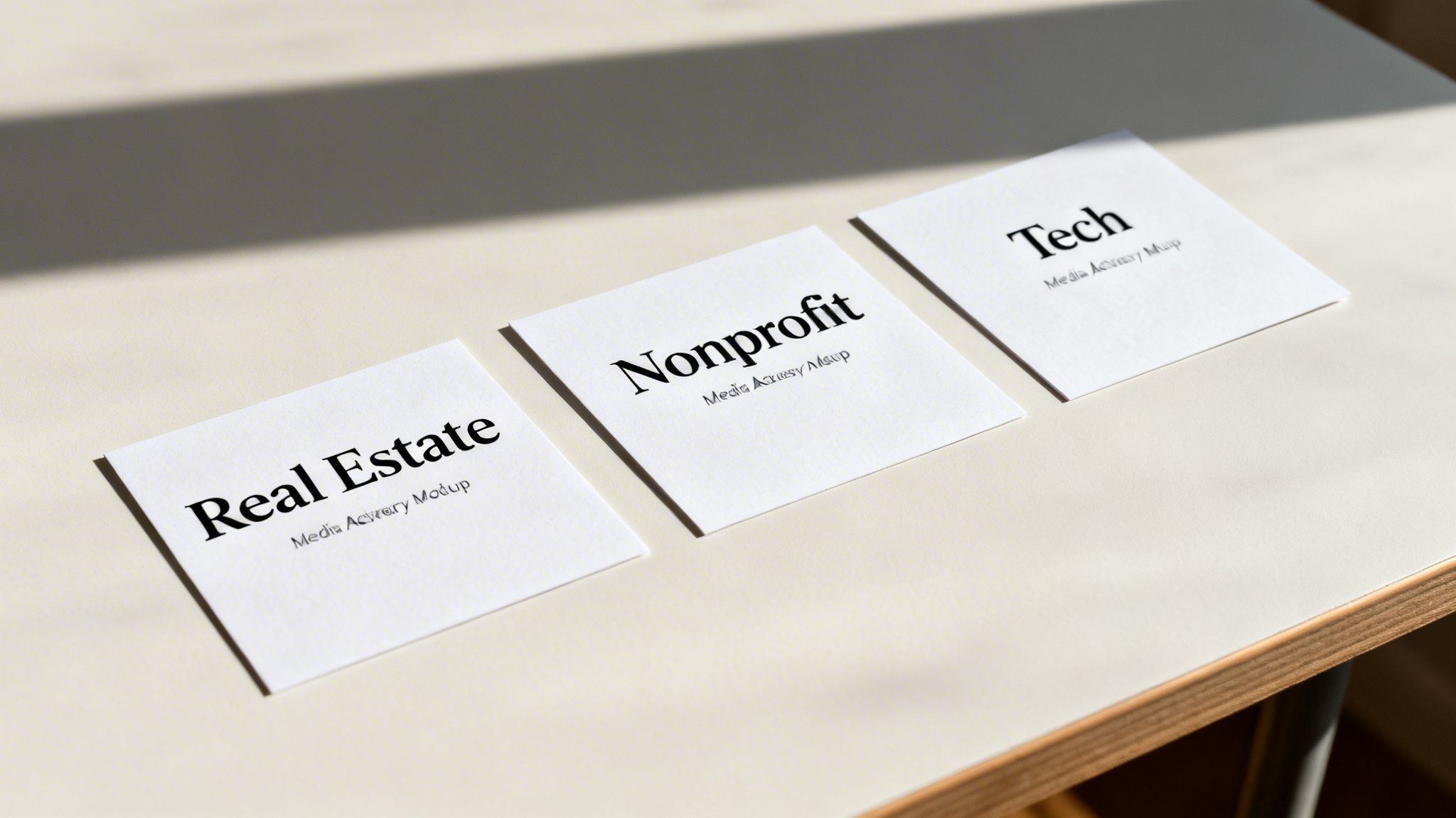 Three white square cards displaying 'Real Estate', 'Nonprofit', and 'Tech' on a light table with shadows.