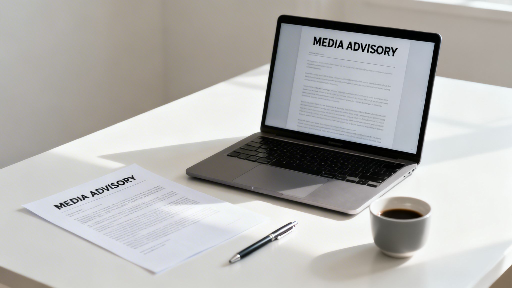 A laptop and a printed document, both displaying 'MEDIA ADVISORY,' on a white desk with a pen and coffee cup.