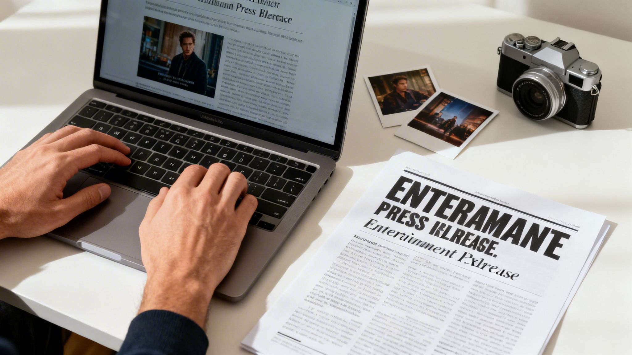 Hands type on a laptop next to a printed press release, instant photos, and a vintage camera.