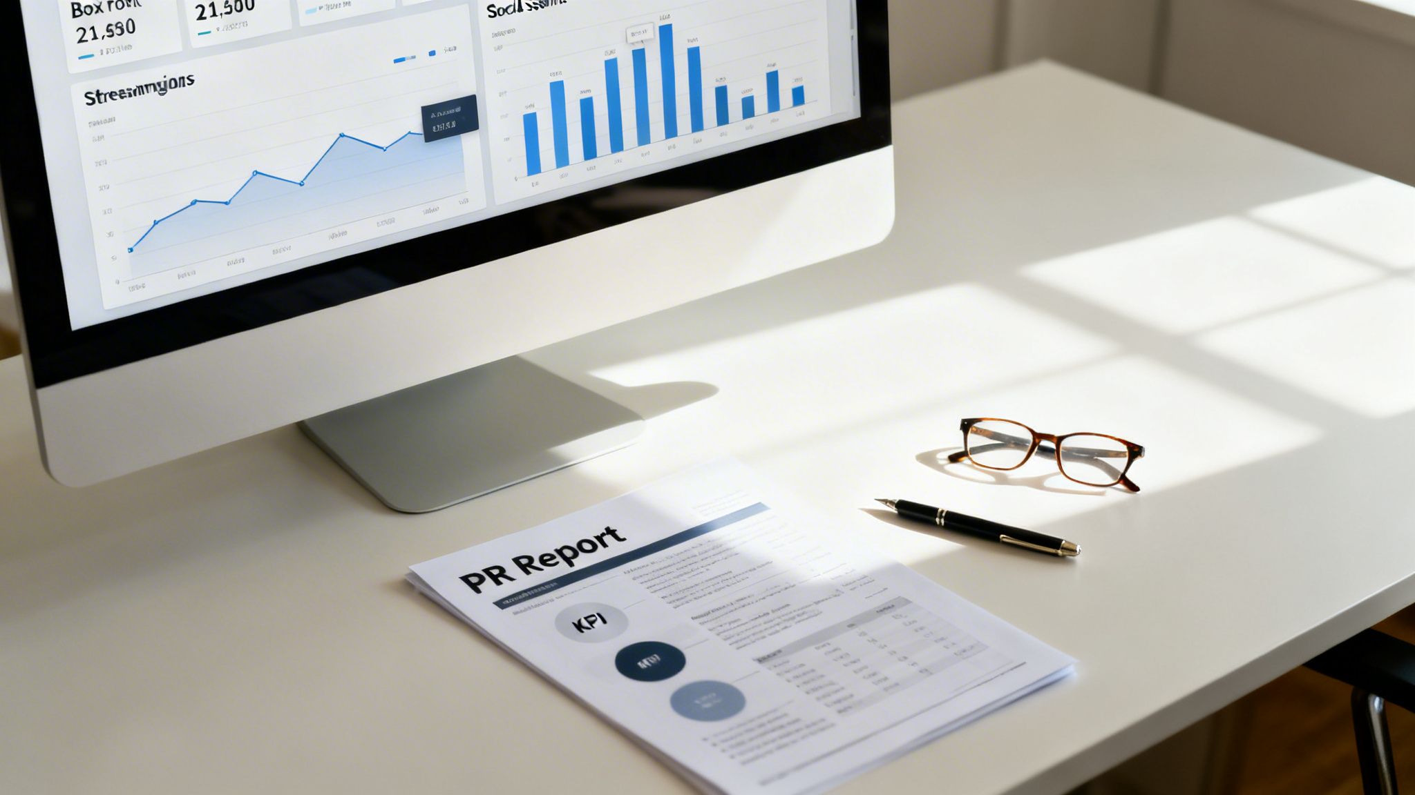 Professional workspace with a computer displaying analytics, a PR report, pen, and eyeglasses.