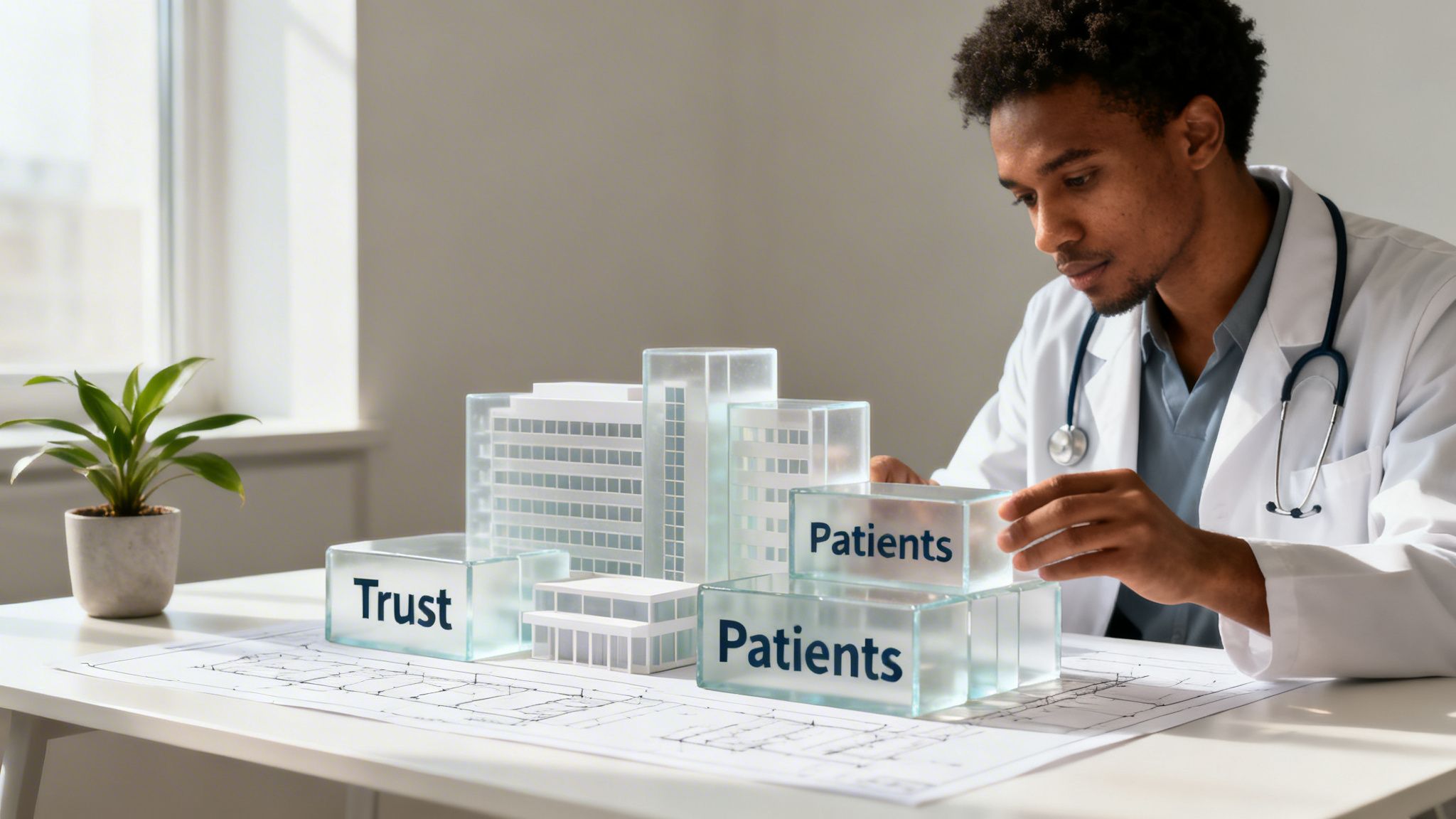 A young male doctor builds a healthcare model using translucent blocks labeled 'Trust' and 'Patients'.
