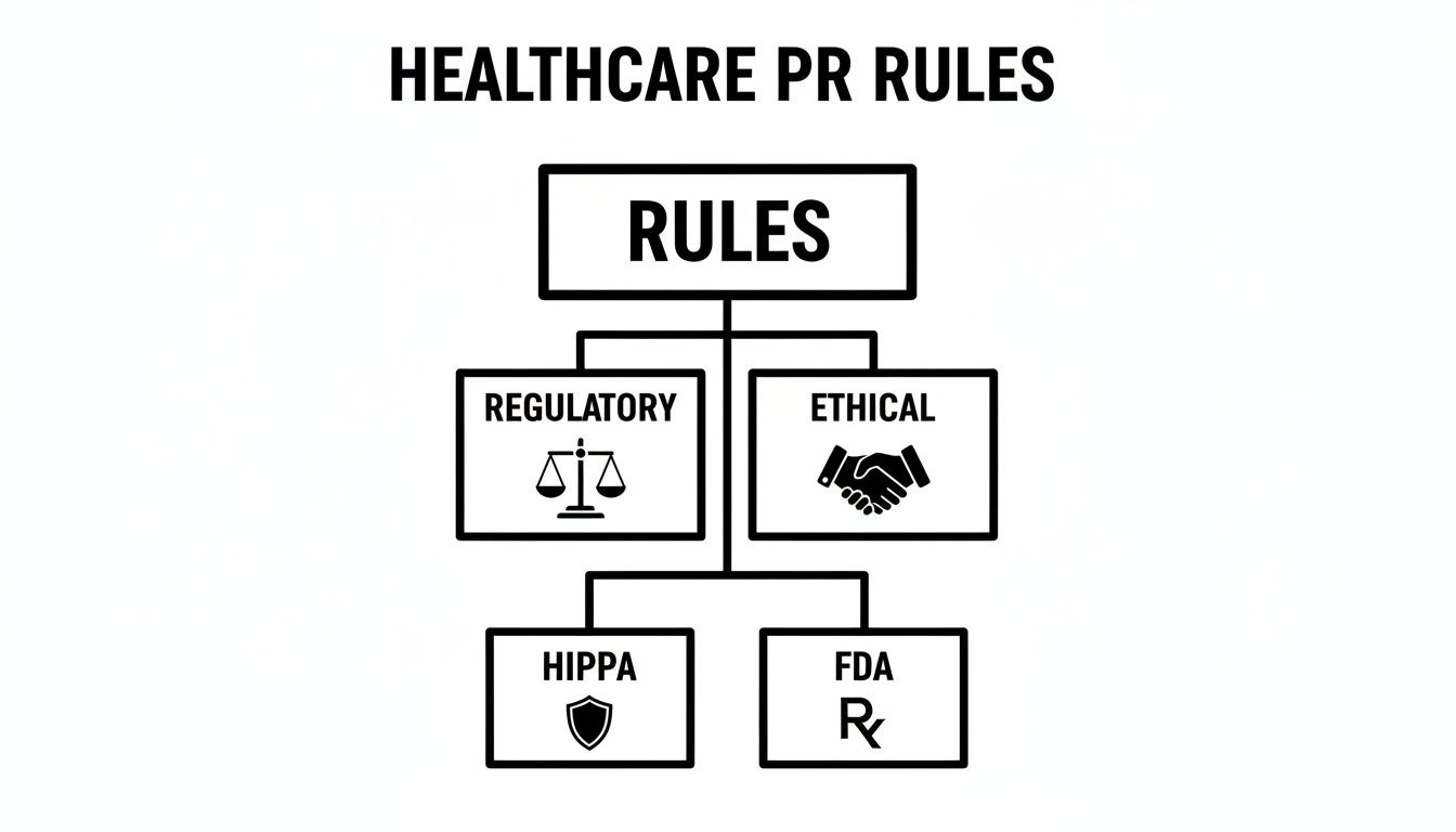 A diagram outlining healthcare PR rules, categorizing them into regulatory (HIPAA, FDA) and ethical considerations.