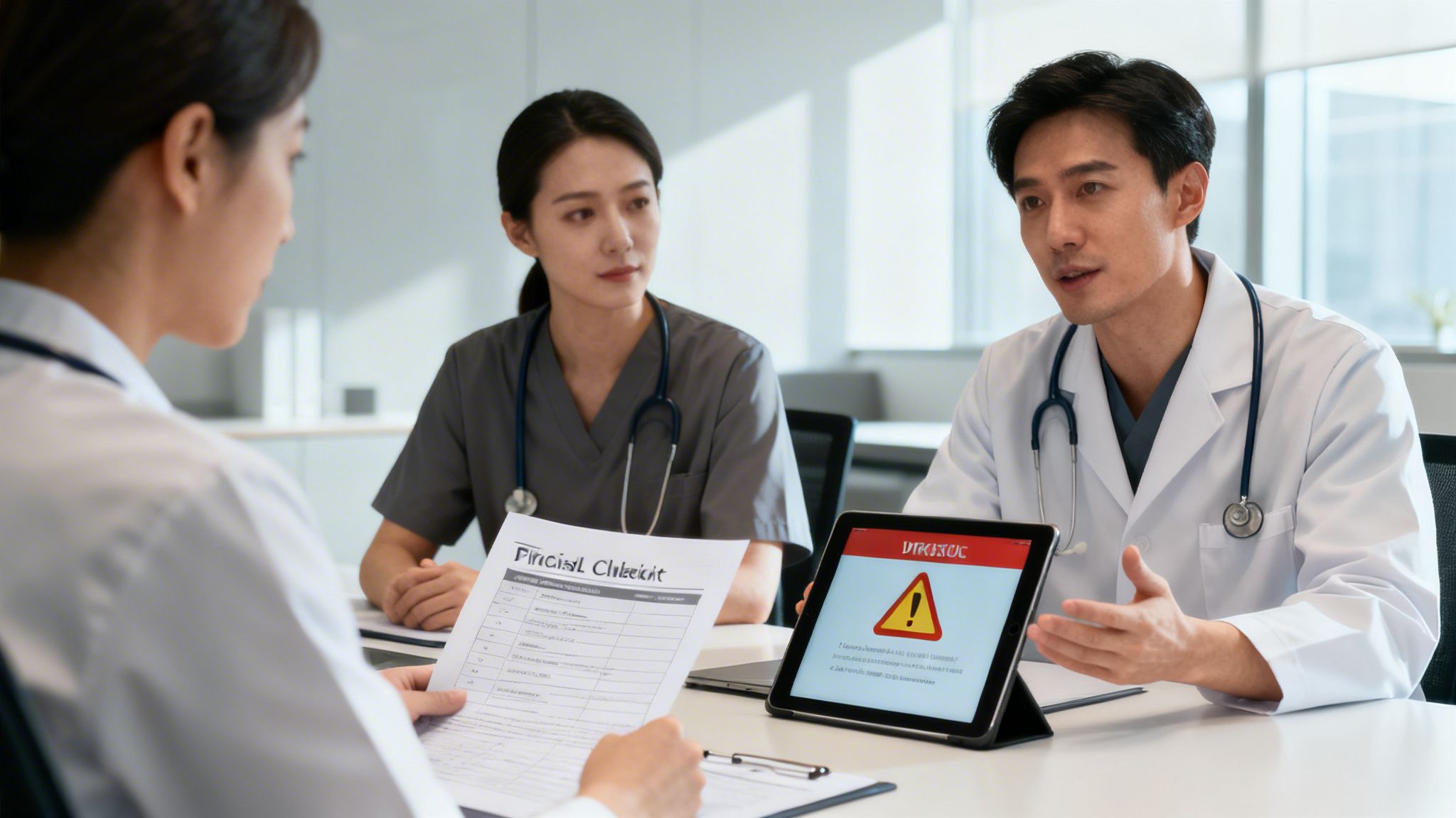 Three healthcare professionals in a meeting, one pointing to a tablet with a warning sign, another holding a document.